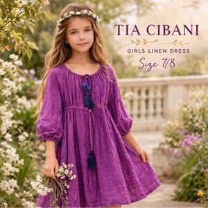 Tia Cibani Girls Linen Dress Purple Tassel Boho Size 7 8 EUC